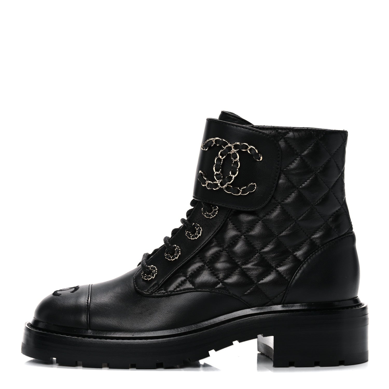 Chanel Shiny Lambskin Quilted Lace Up Combat Boots 36.5 Black 1 of 9