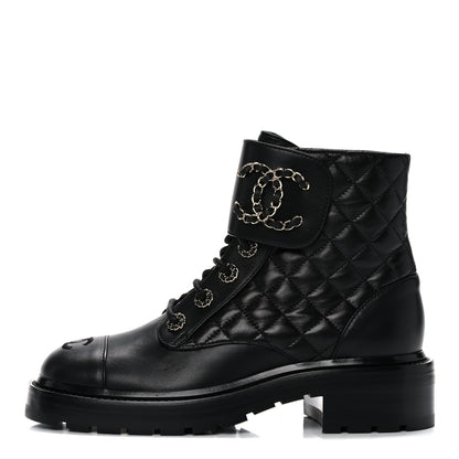 Chanel Shiny Lambskin Quilted Lace Up Combat Boots 36.5 Black 1 of 9