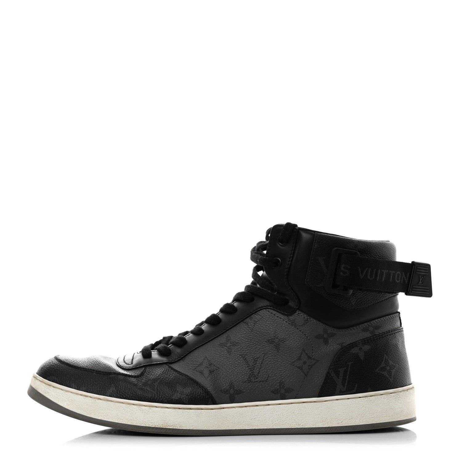 Louis Vuitton Calfskin Monogram Eclipse Mens Rivoli High Top Sneakers 12 Black Grey 1 of 8