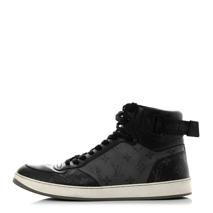 Louis Vuitton Calfskin Monogram Eclipse Mens Rivoli High Top Sneakers 12 Black Grey 1 of 8