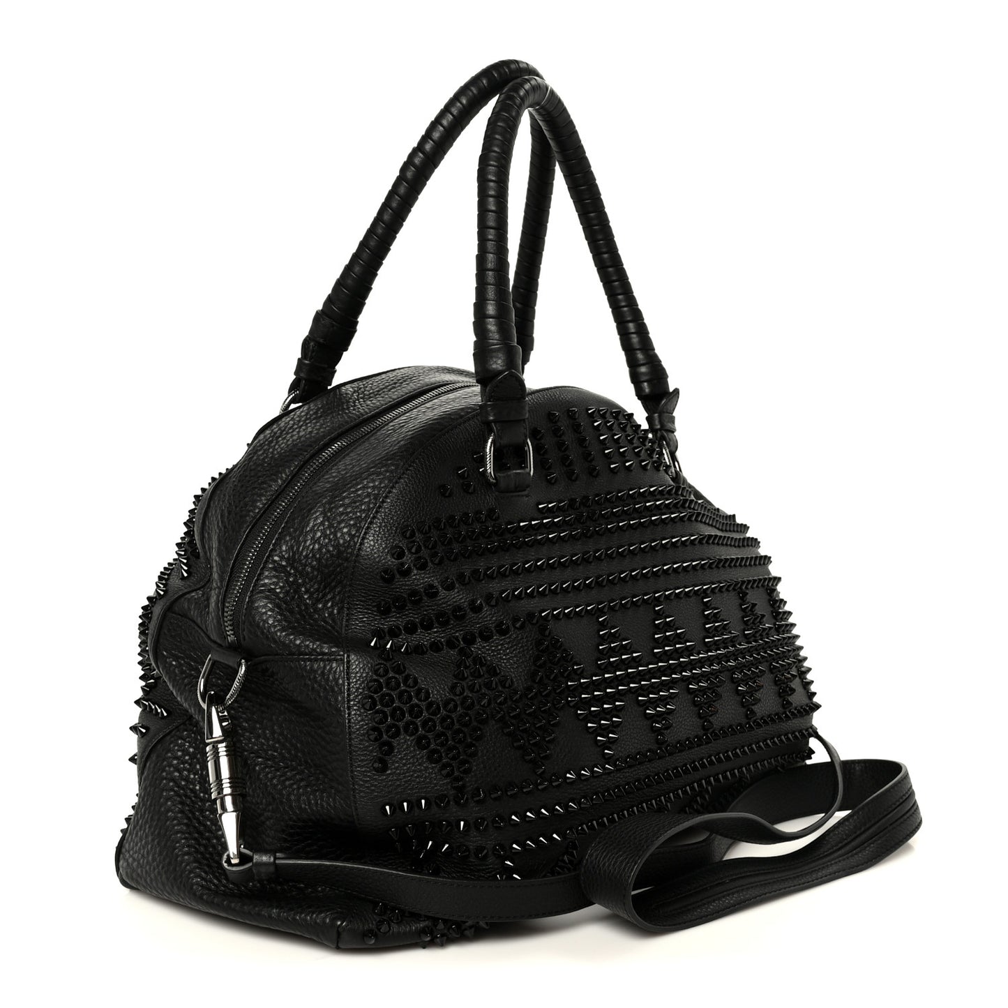 Grained Calfskin Mix Chevron Spikes Large Panettone Bowling Bag Black