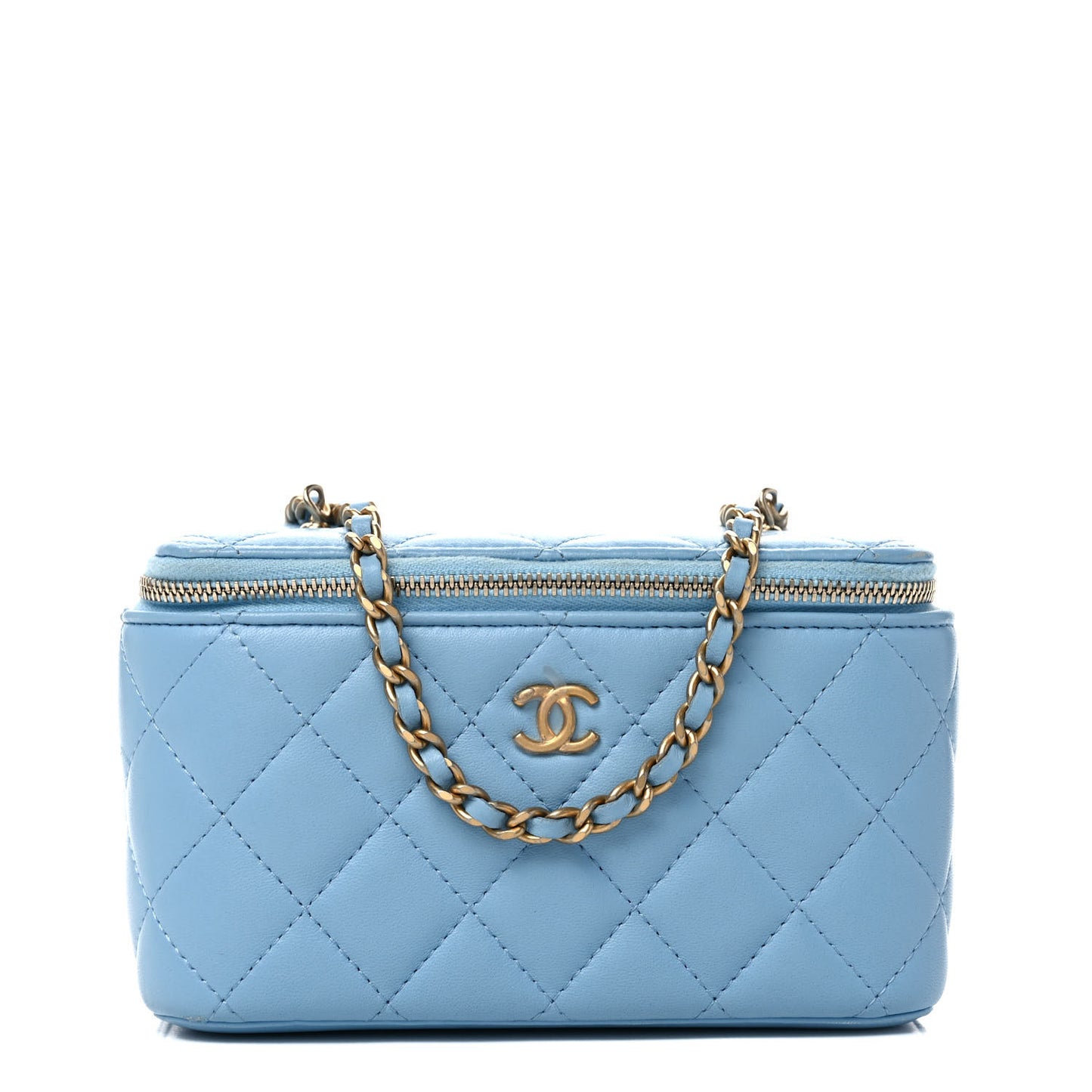 Lambskin Quilted Pearl Crush Small Vanity Case With Chain Light Blue