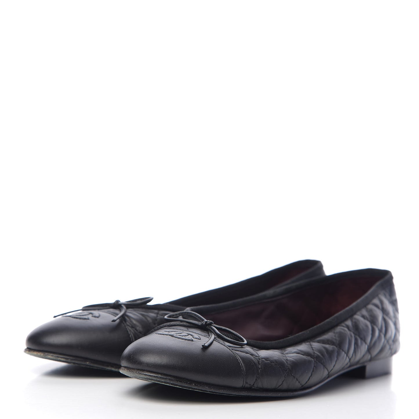Aged Calfskin Quilted Cap Toe Ballerina Flats 41 Black