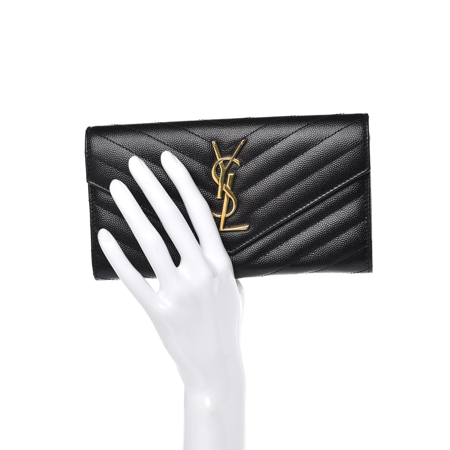 Saint Laurent Grain De Poudre Matelasse Chevron Monogram Flap Wallet Black 2 of 7