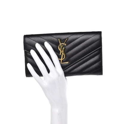 Saint Laurent Grain De Poudre Matelasse Chevron Monogram Flap Wallet Black 2 of 7