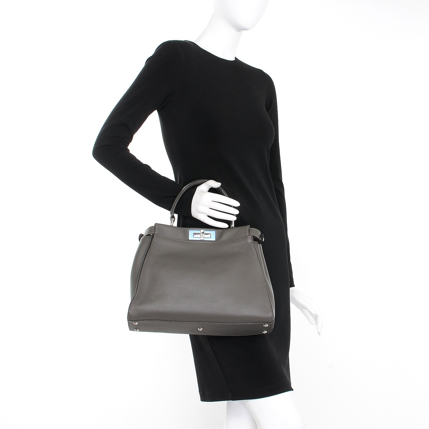Fendi Vitello Seta Shiny Nappa Medium Peekaboo Iconic Satchel Carbone Grigio Polvere 3 of 12