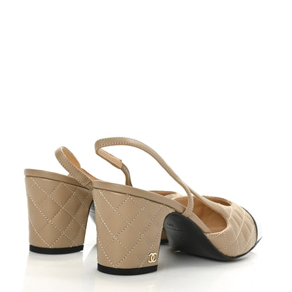 Chanel Lambskin Patent Calfskin Quilted Cap Toe CC Slingback Pumps 40 Beige Black 4 of 9