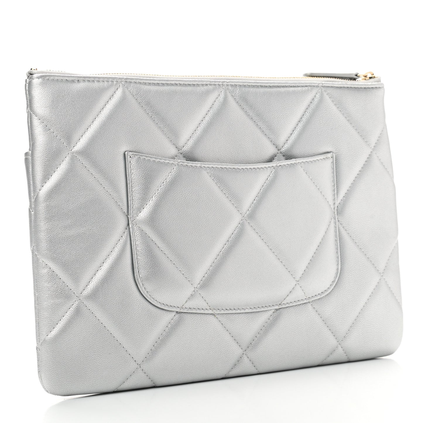 Metallic Lambskin Quilted Chanel 19 Pouch Silver