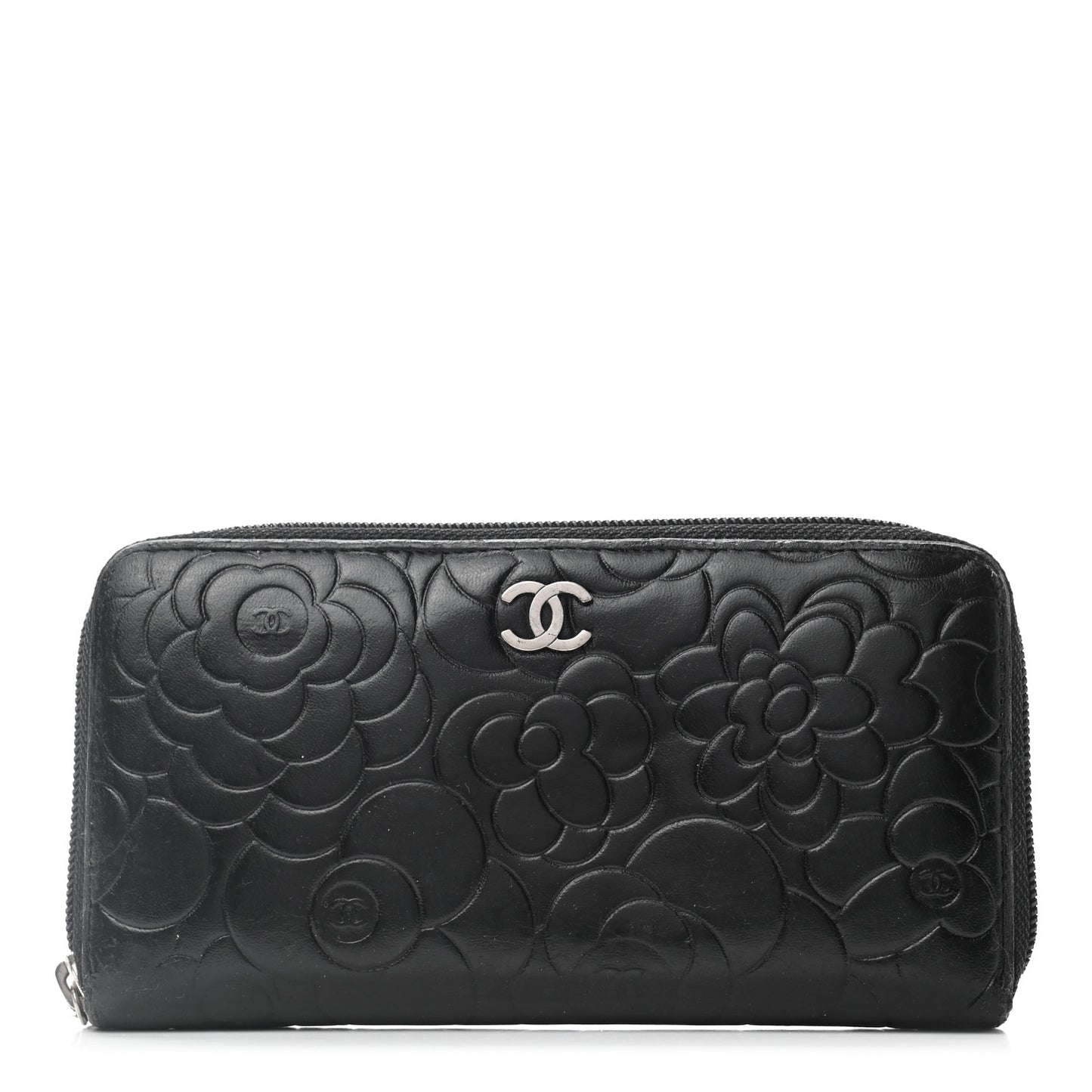 Lambskin Camellia Embossed Large Zip Around Gusset Wallet Black