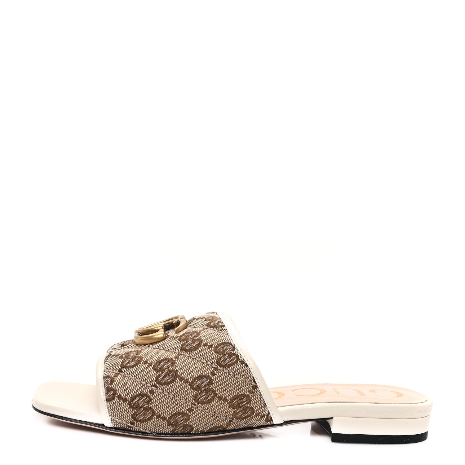 Gucci Monogram Matelasse Diagonal GG Marmont Flat Slide Sandals 35 Beige Ebony Mystic White 1 of 10