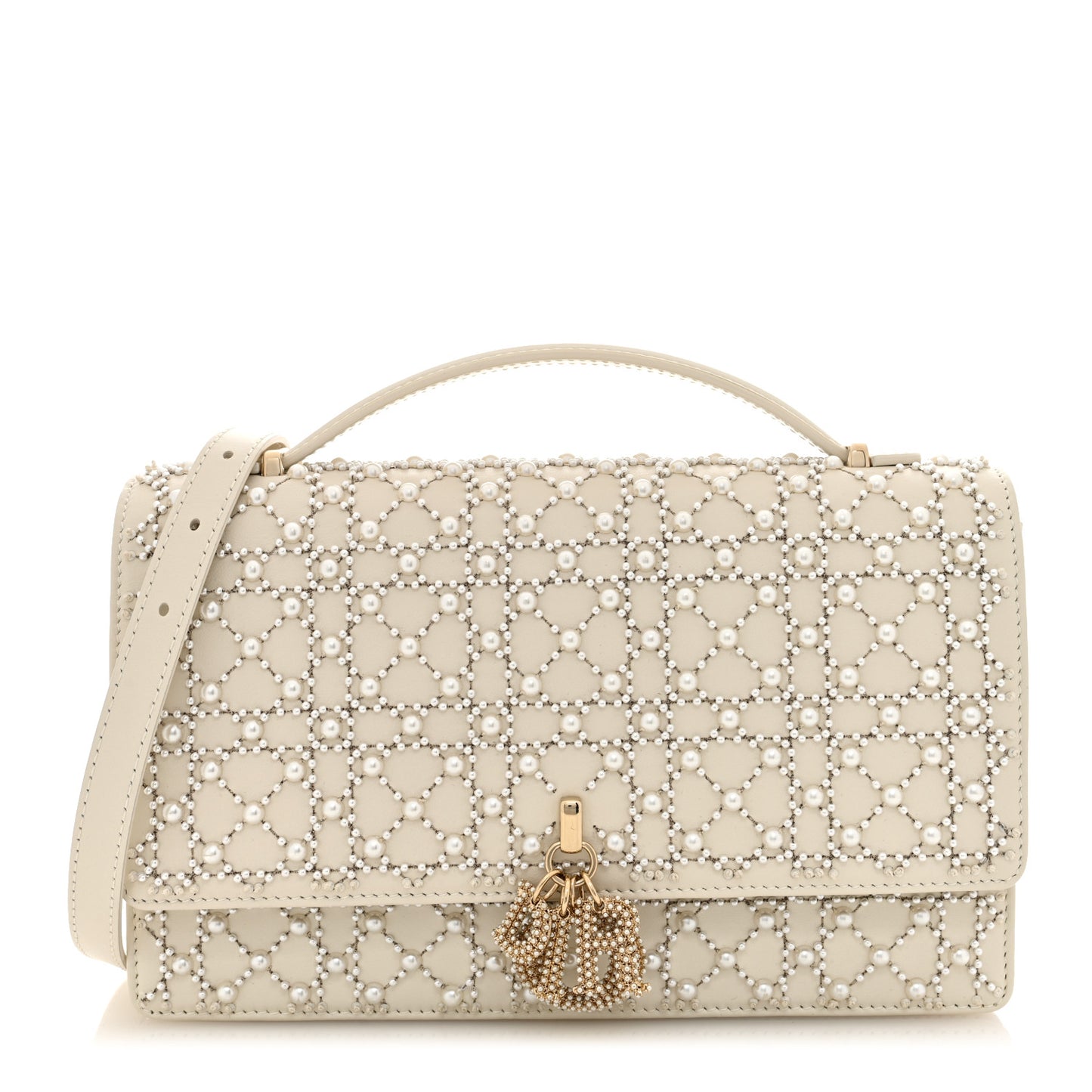Calfskin Pearl Cannage My Dior Top Handle Clutch Latte