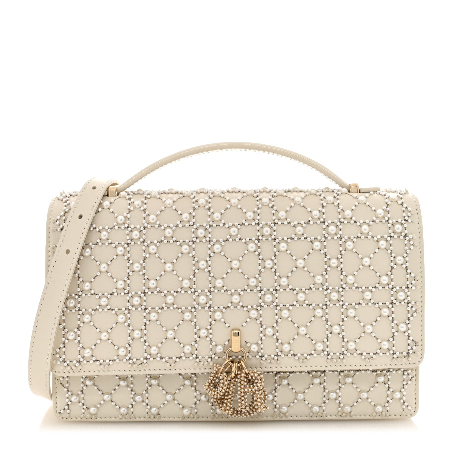 Christian Dior Calfskin Pearl Cannage My Dior Top Handle Clutch Latte 1 of 9