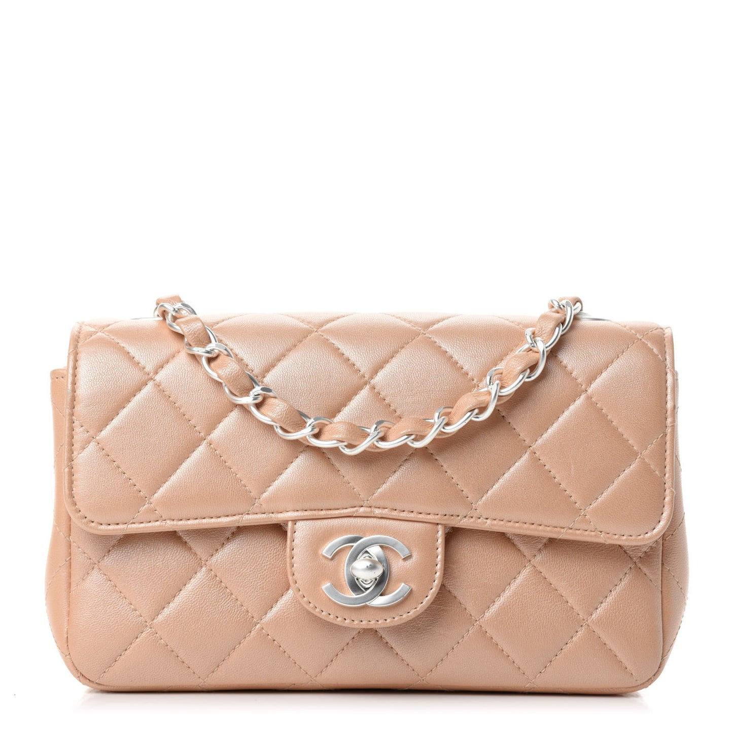 Metallic Lambskin Quilted Mini Flap Beige