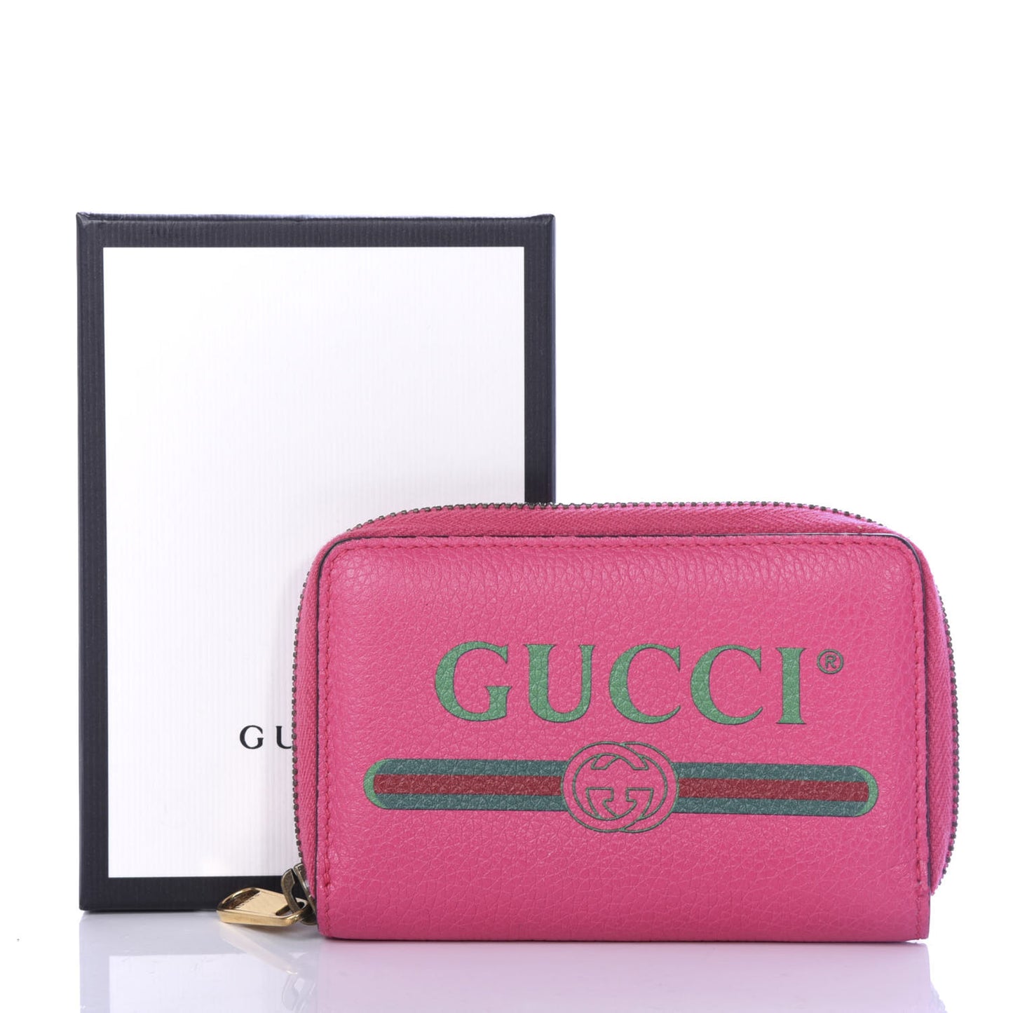 Grained Calfskin Logo Zip Around Card Case Box Pink Green