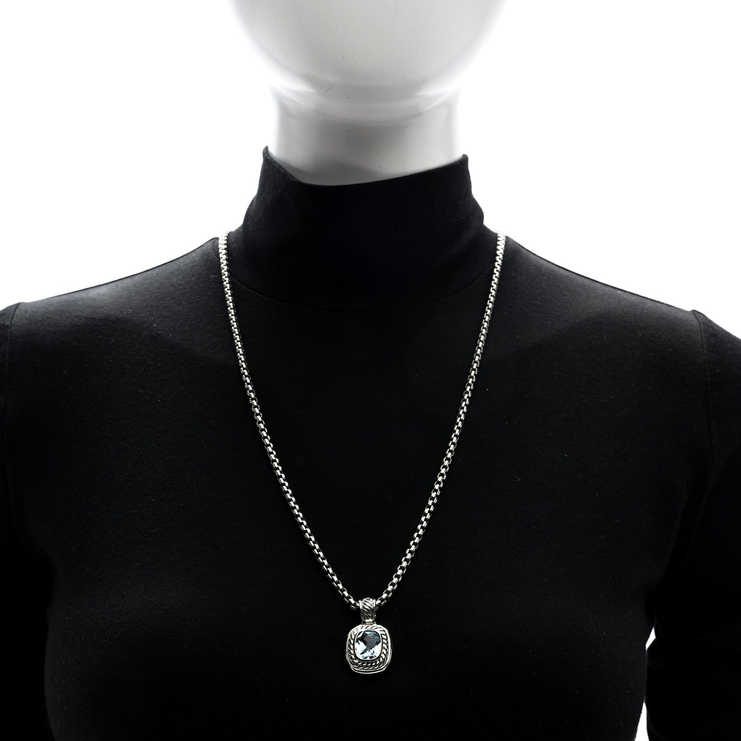 Sterling Silver 14K Yellow Gold Blue Topaz 12mm Albion Pendant Box Chain Necklace