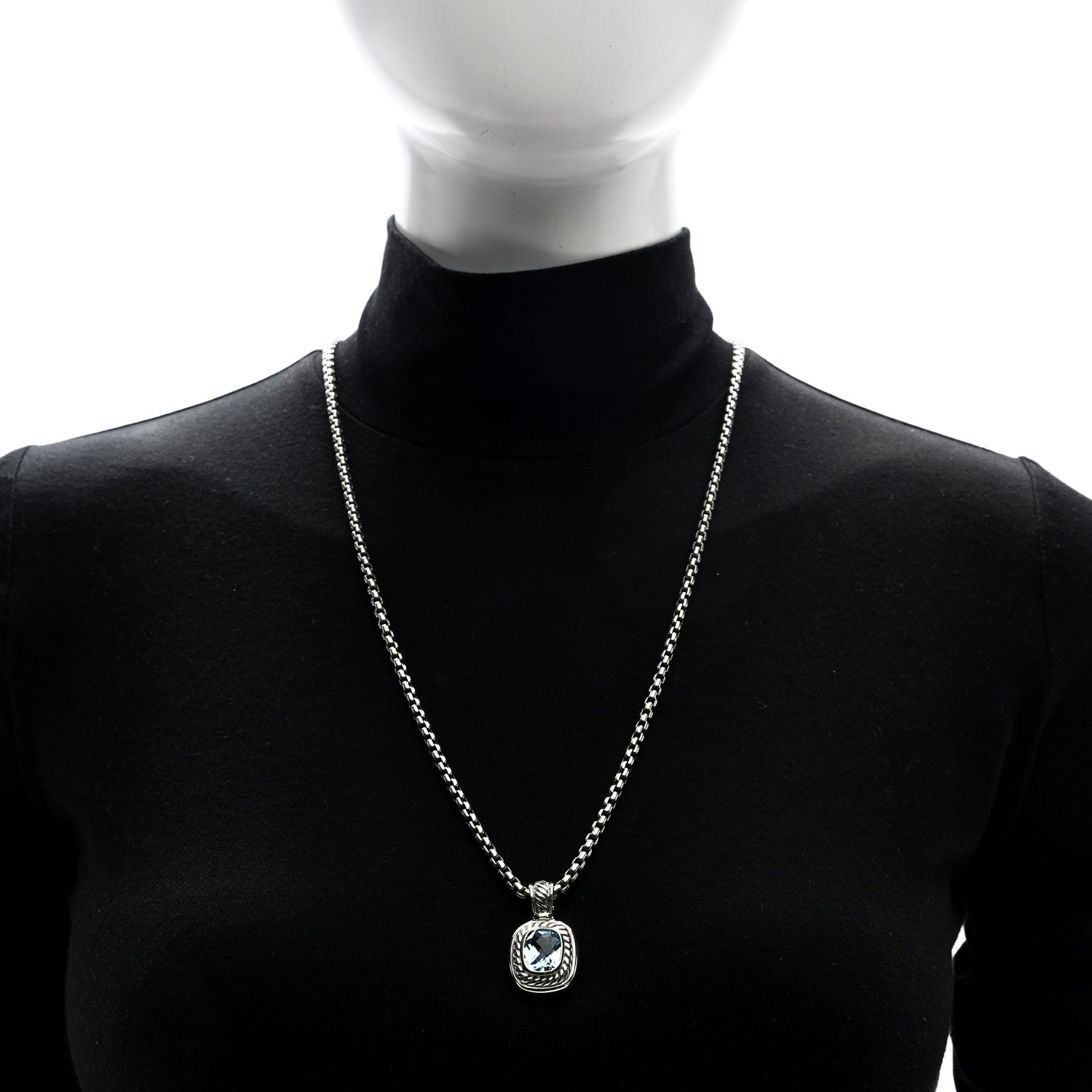 David Yurman Sterling Silver 14K Yellow Gold Blue Topaz 12mm Albion Pendant Box Chain Necklace 2 of 5