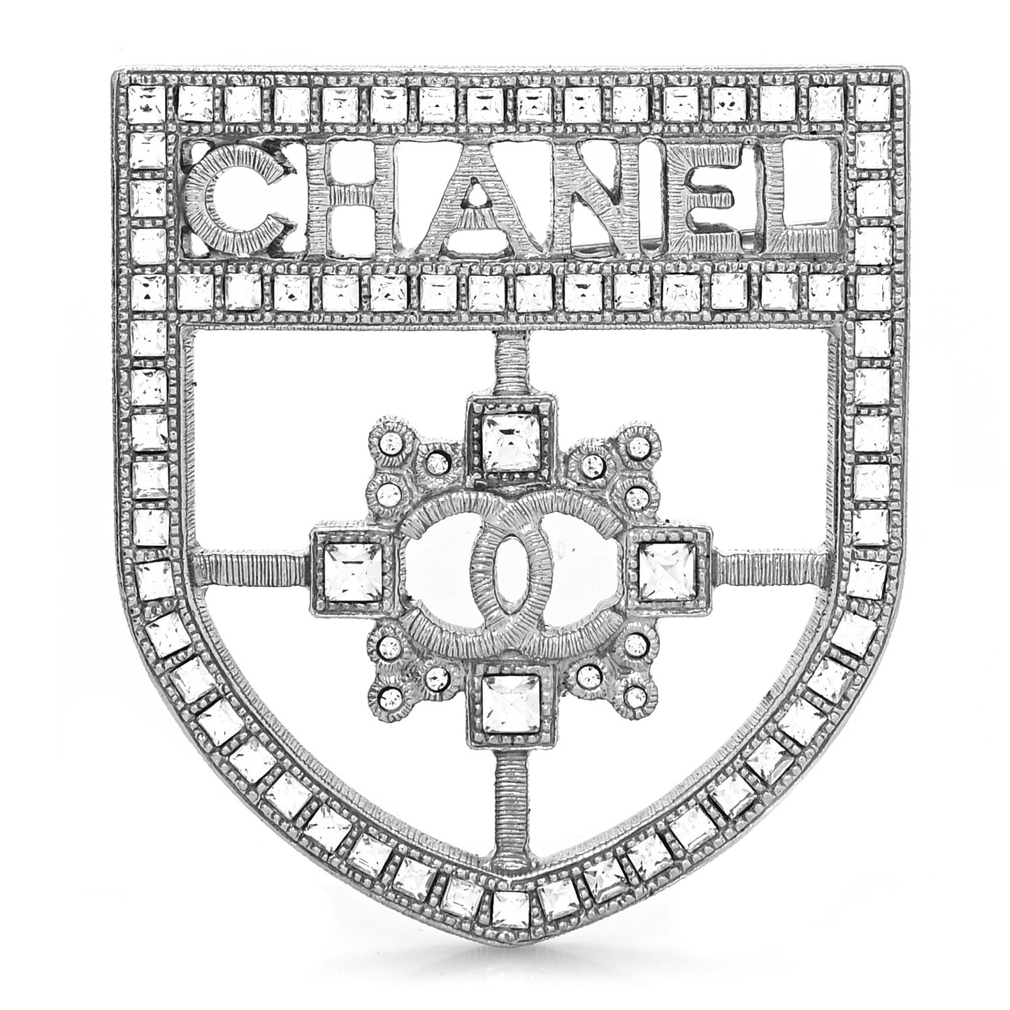 Swarovski Baguette Crystal CC Shield Brooch Silver