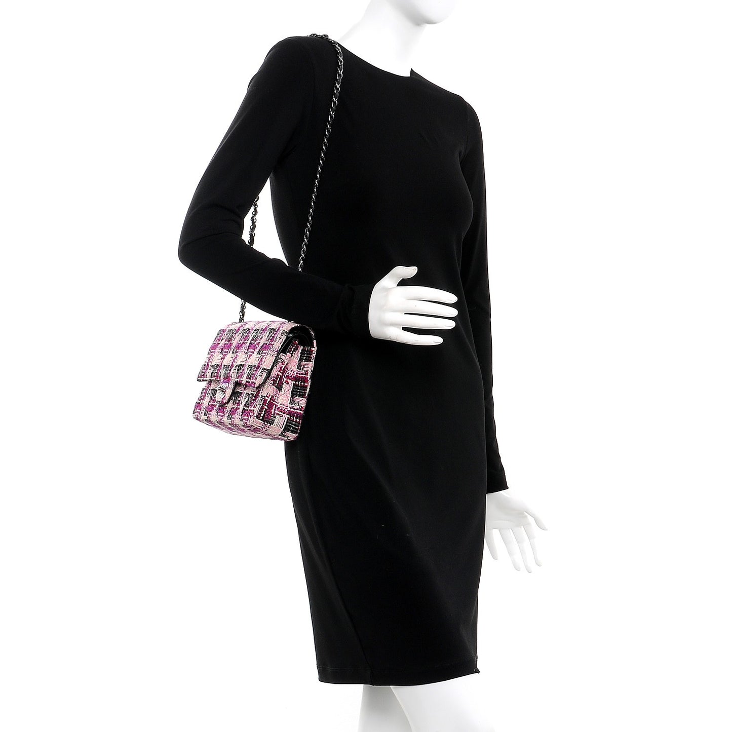 Tweed Quilted Medium Double Flap Pink Black