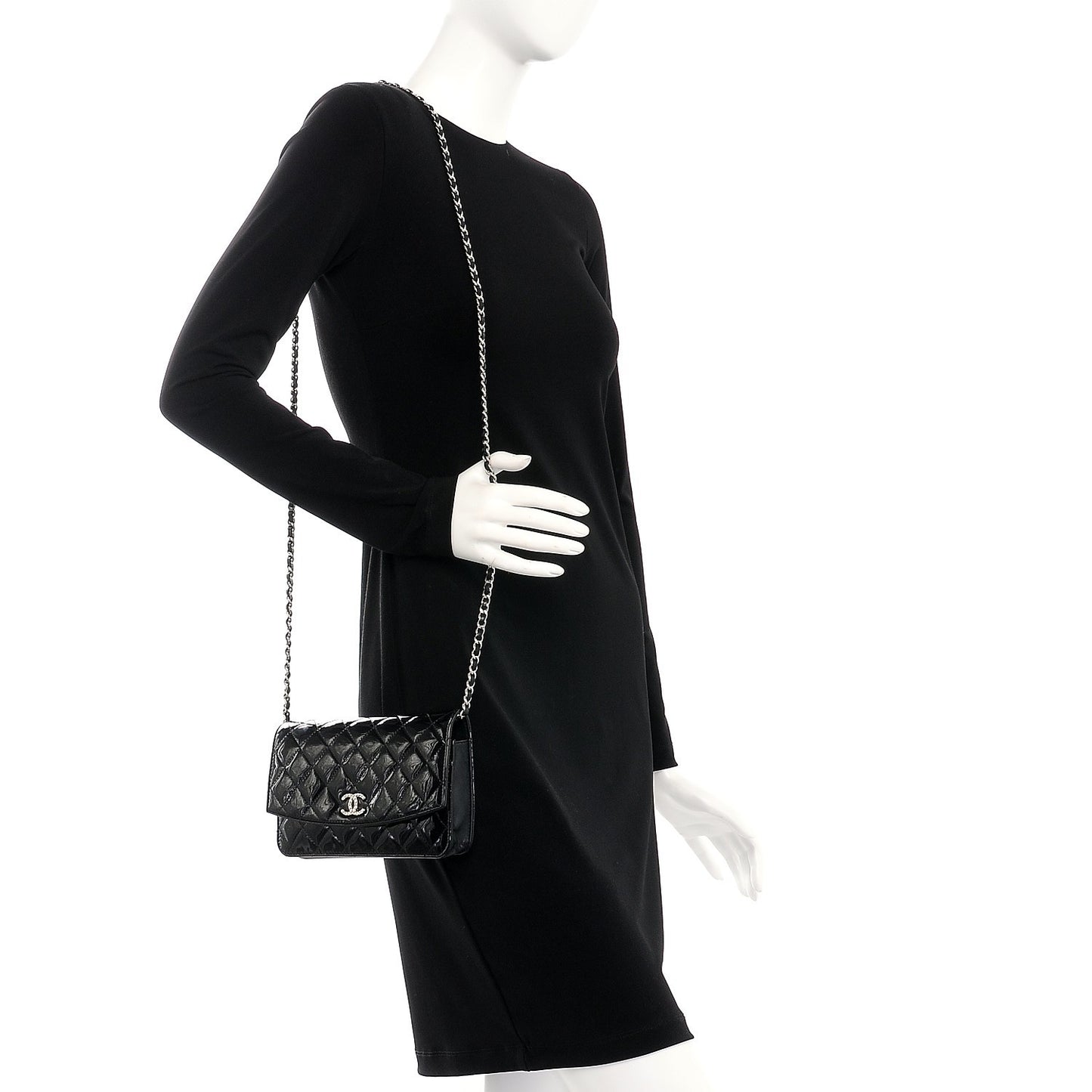 Patent Quilted Brilliant Wallet On Chain WOC Black