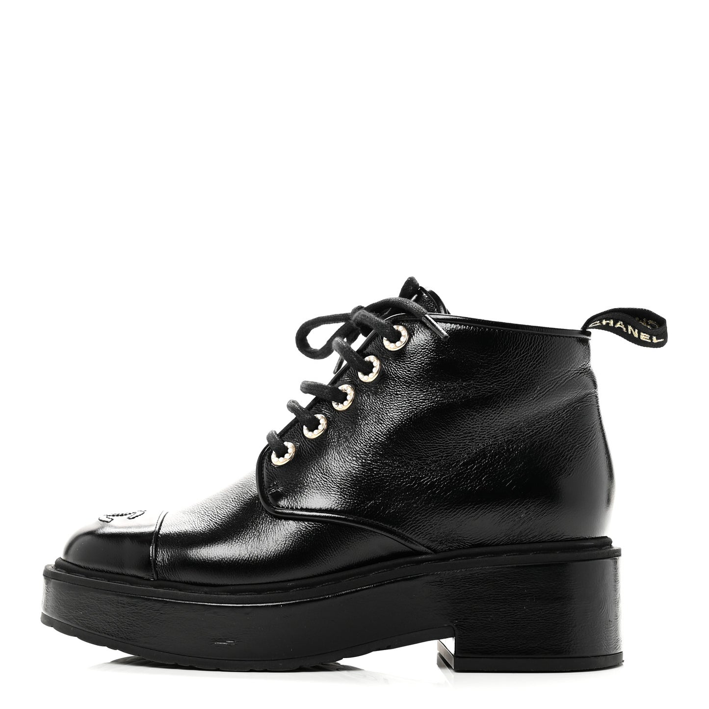Shiny Calfskin Pearl Lace Up Combat Short Boots 38 Black