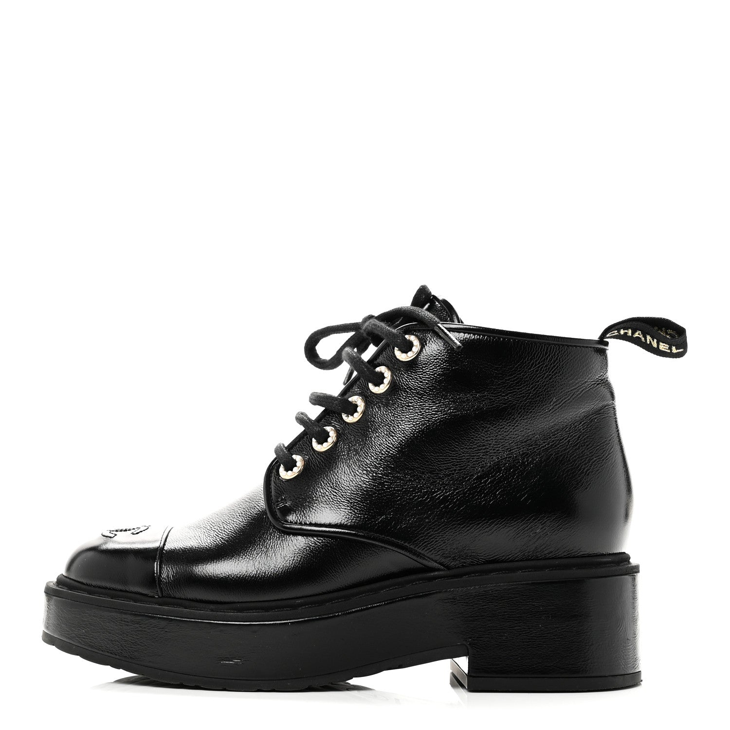 Chanel Shiny Calfskin Pearl Lace Up Combat Short Boots 38 Black 1 of 10