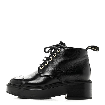 Chanel Shiny Calfskin Pearl Lace Up Combat Short Boots 38 Black 1 of 10