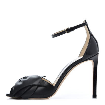 Jimmy Choo Shiny Calfskin Bow Sandals 37.5 Black 1 of 13