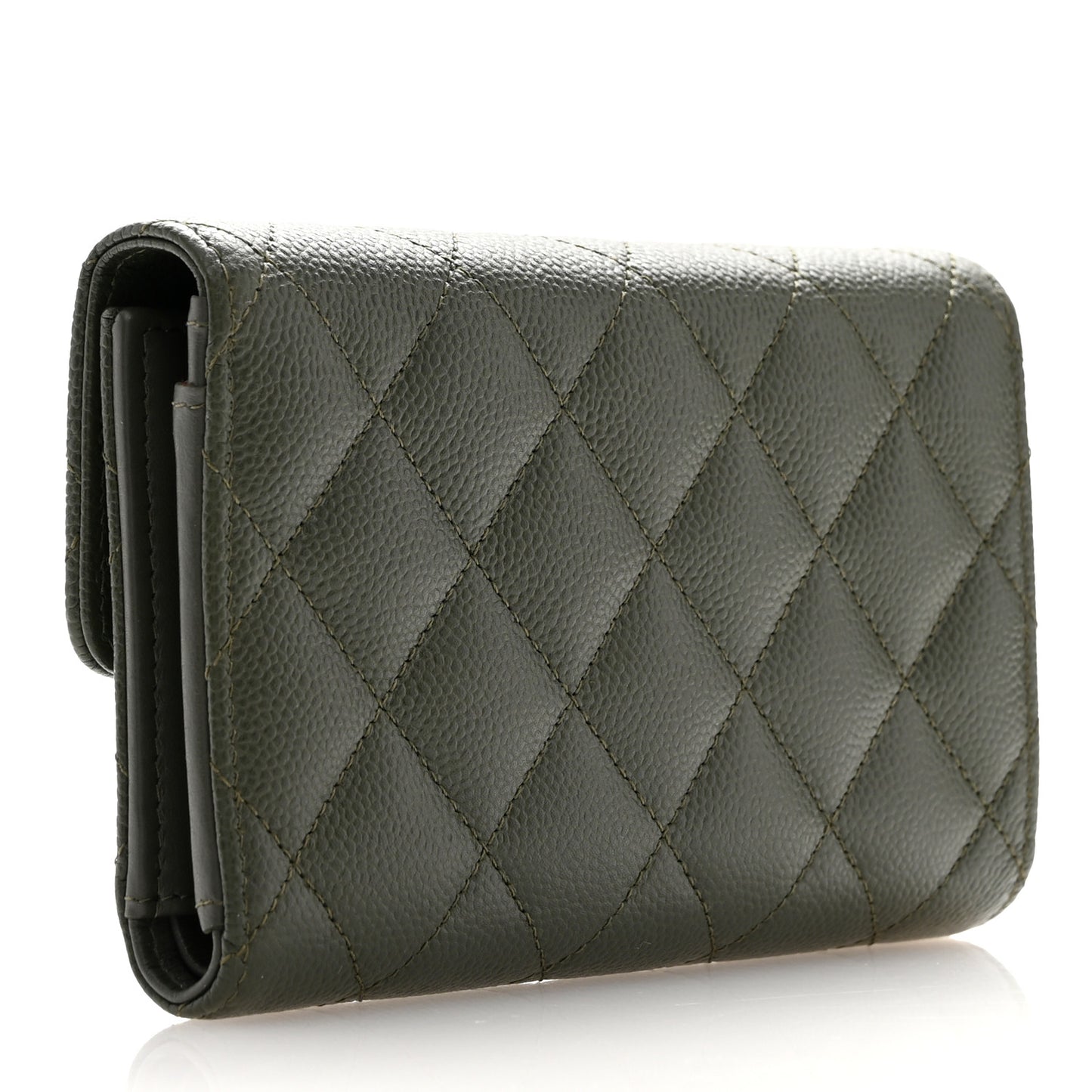 Caviar Quilted Multi Chain CC Medium Tri-Fold Flap Wallet Khaki