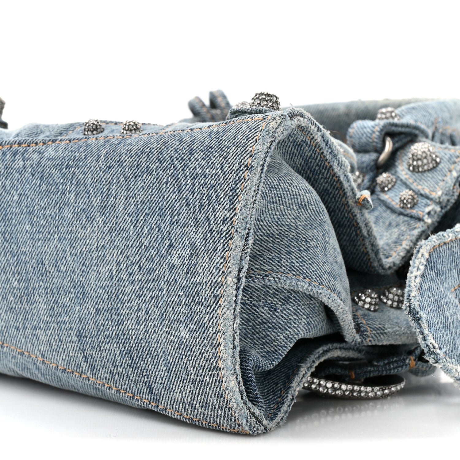 Balenciaga Washed Frayed Denim Crystal Neo Cagole Handbag XS Blue 10 of 11