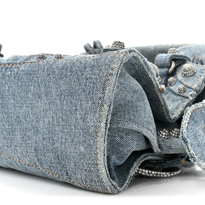 Balenciaga Washed Frayed Denim Crystal Neo Cagole Handbag XS Blue 10 of 11