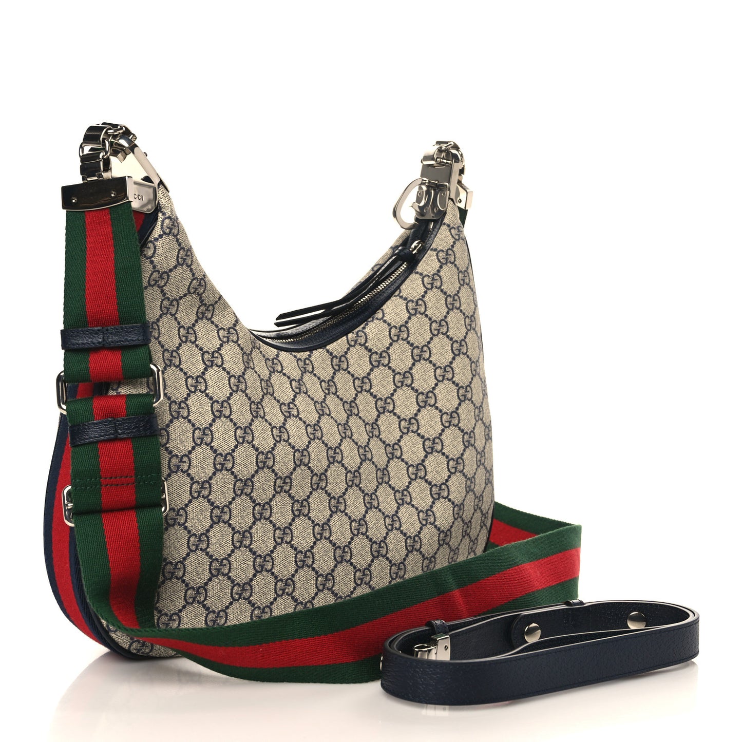 GG Supreme Monogram Textured Calfskin Web Large Attache Shoulder Bag Beige Blue