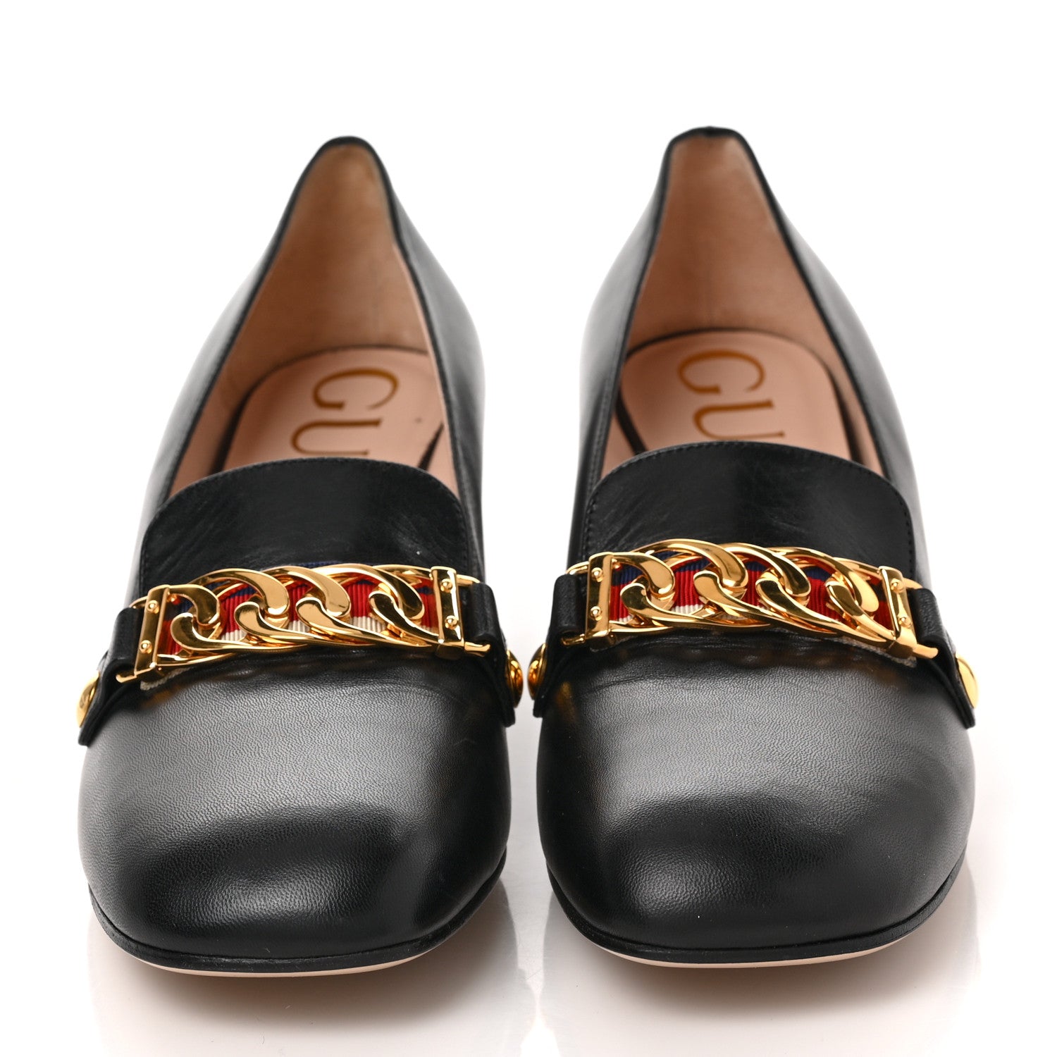 Gucci Malaga Kid Sylvie Web Chain Mid Heel Loafers 39 Black 2 of 8