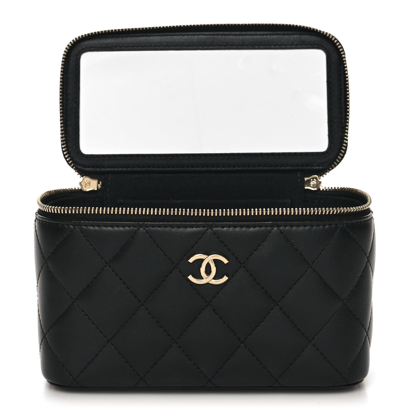 Lambskin Quilted Small Top Handle Vanity Case With Chain Black