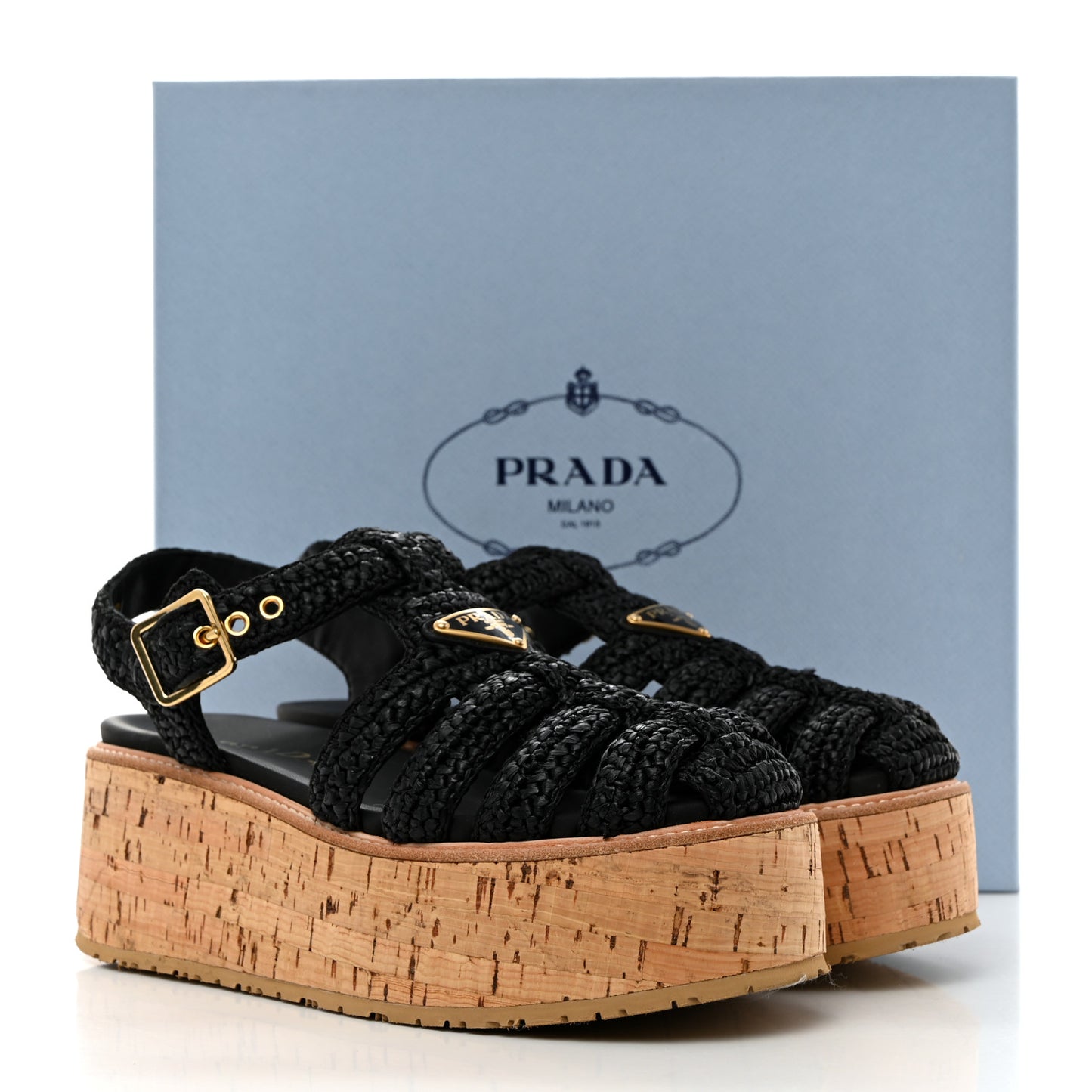 Raffia Cork Metal Triangle Logo Crochet Fisherman Platform 75mm Sandals 38 Black
