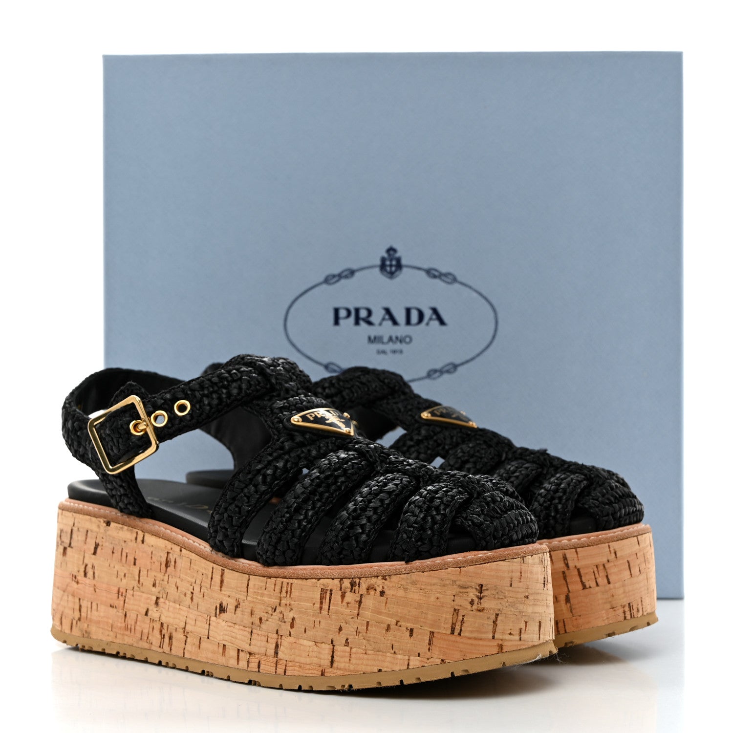Prada Raffia Cork Metal Triangle Logo Crochet Fisherman Platform 75mm Sandals 38 Black 9 of 9