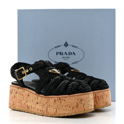 Prada Raffia Cork Metal Triangle Logo Crochet Fisherman Platform 75mm Sandals 38 Black 9 of 9