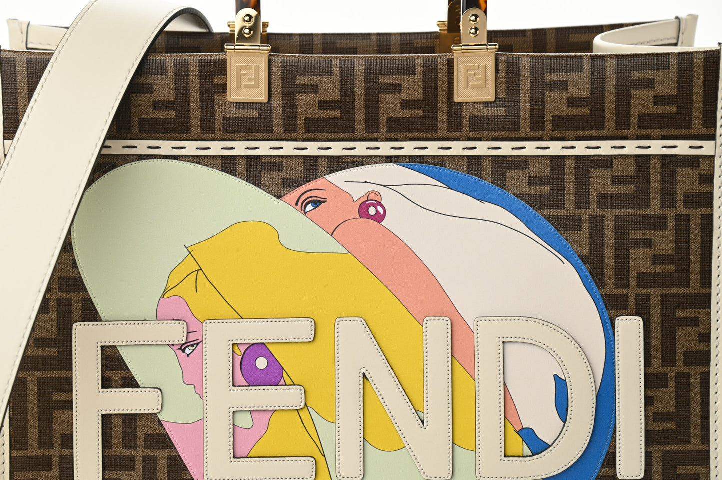 Glazed Fabric Vitello King Plexiglass FF 1974 Logo Hairdo Girls Inlay Medium Fendi Sunshine Shopper Tote Mogano Panna Multicolor
