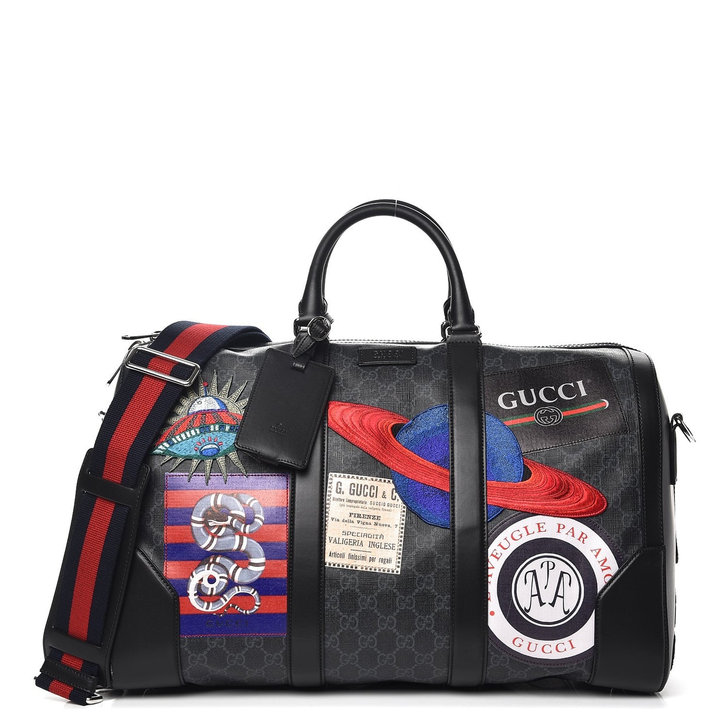 Soft GG Supreme Monogram Appia Calfskin Web Night Courrier Medium Carry On Duffle Black Grey