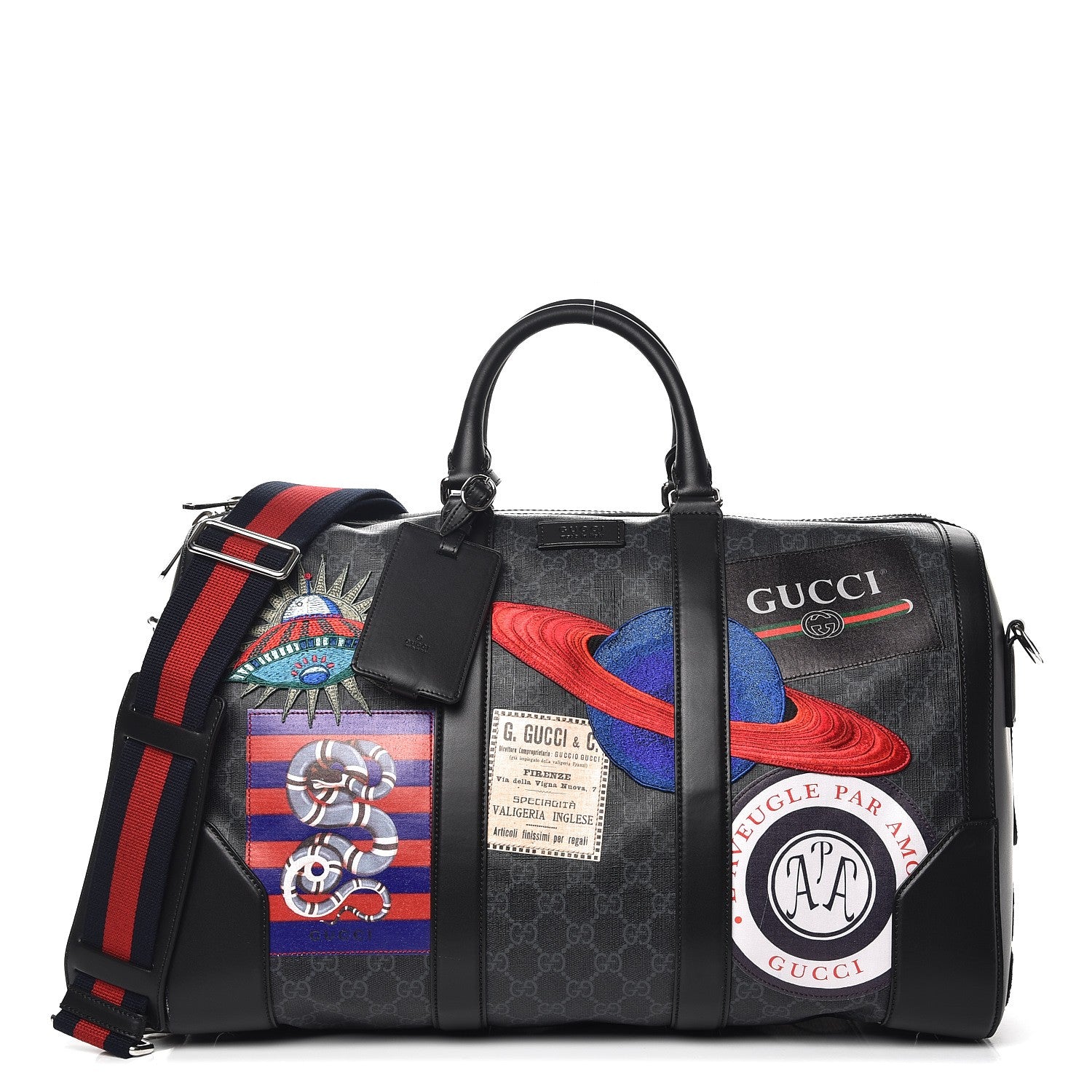 Gucci Soft GG Supreme Monogram Appia Calfskin Web Night Courrier Medium Carry On Duffle Black Grey 1 of 13