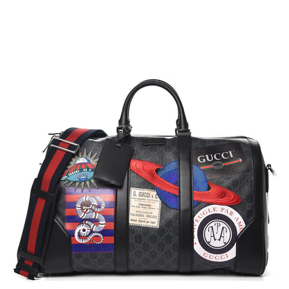 Gucci Soft GG Supreme Monogram Appia Calfskin Web Night Courrier Medium Carry On Duffle Black Grey 1 of 13