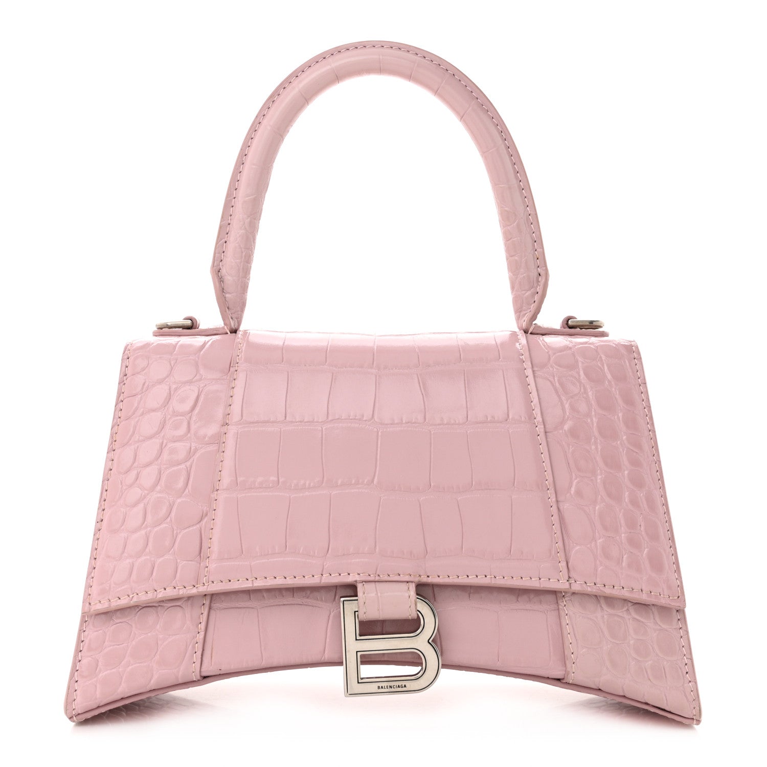 Balenciaga Shiny Calfskin Crocodile Embossed Small Hourglass Top Handle Bag Powder Pink 1 of 11