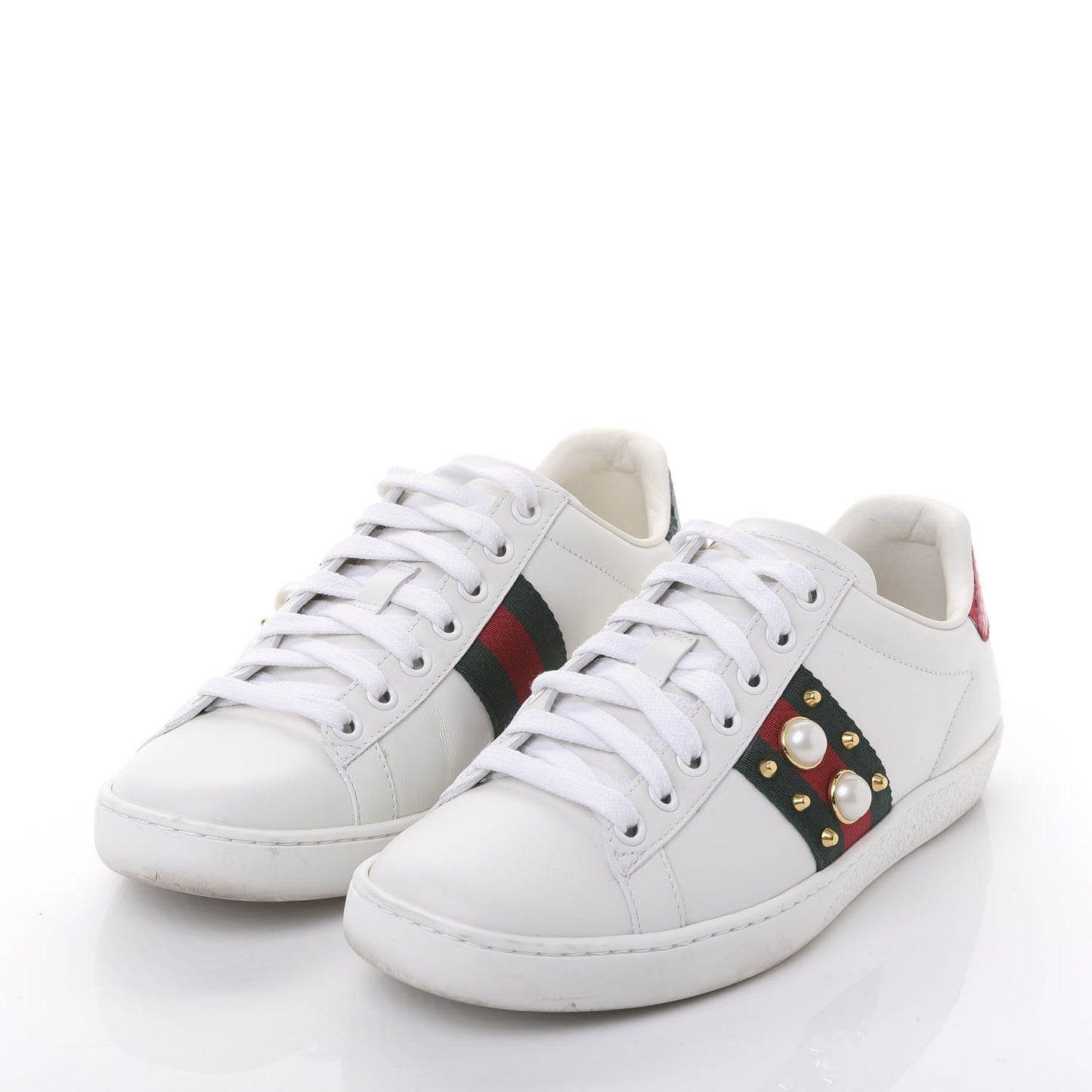 Calfskin Web Pearl Studded Womens Ace Sneakers 36 White