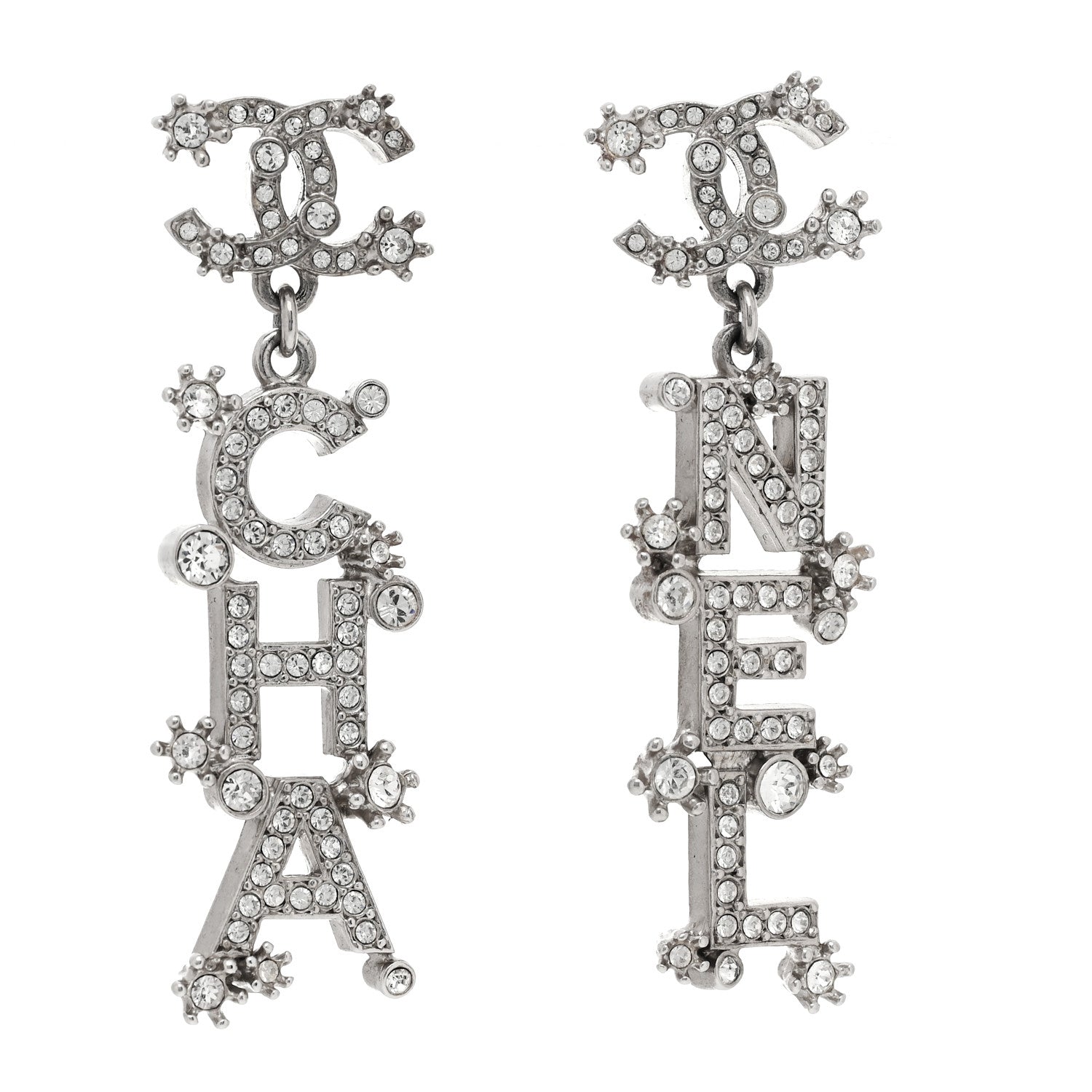 Chanel Crystal Cha-Nel Logo Drop Earrings Silver 1 of 5