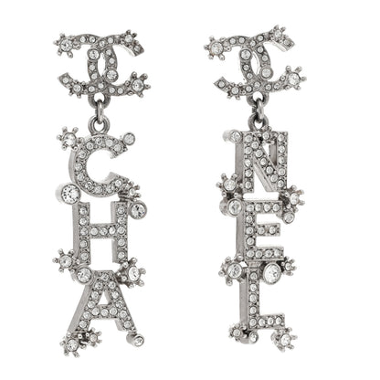 Chanel Crystal Cha-Nel Logo Drop Earrings Silver 1 of 5