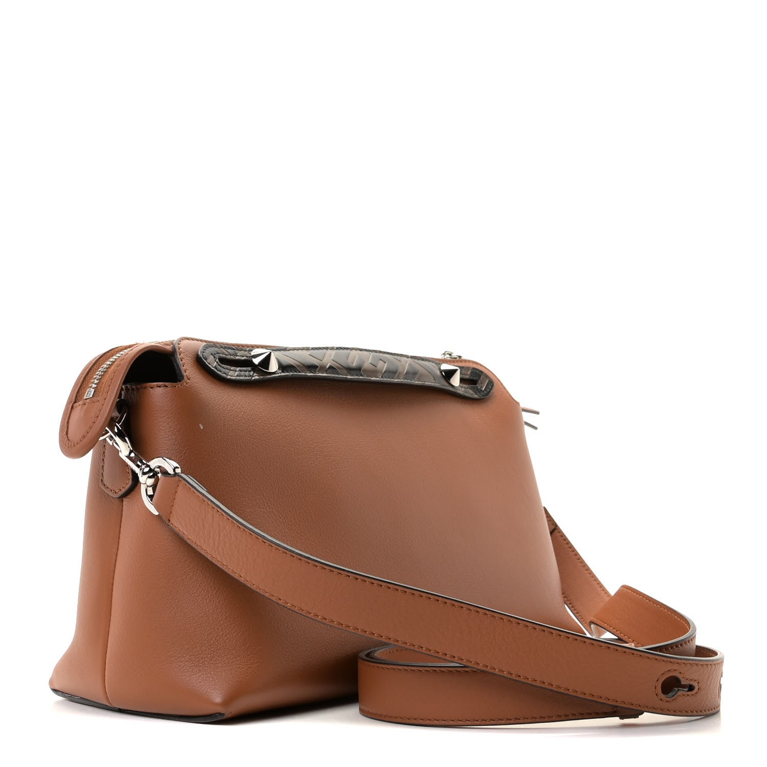 Fendi Vitello Dolce Bi-Color FF 1974 Embossed Medium By The Way Boston Bag Brandy Maya Black 4 of 12