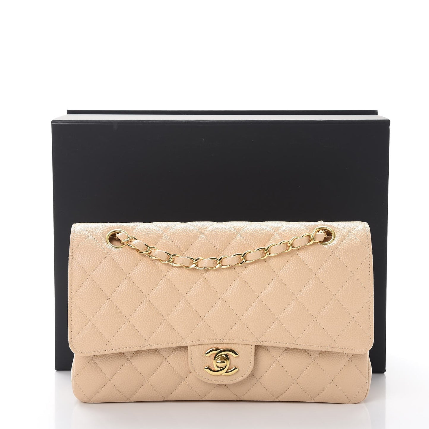 Caviar Quilted Medium Double Flap Beige Clair