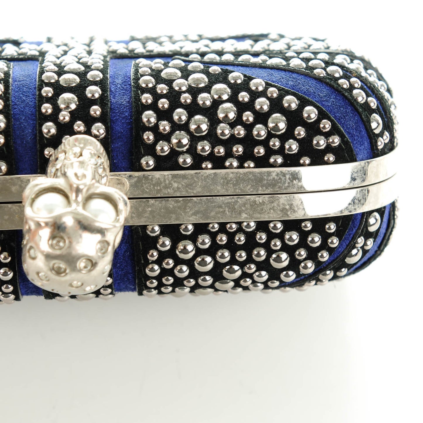 Suede Studded Britannia Skull Box Clutch Blue Black