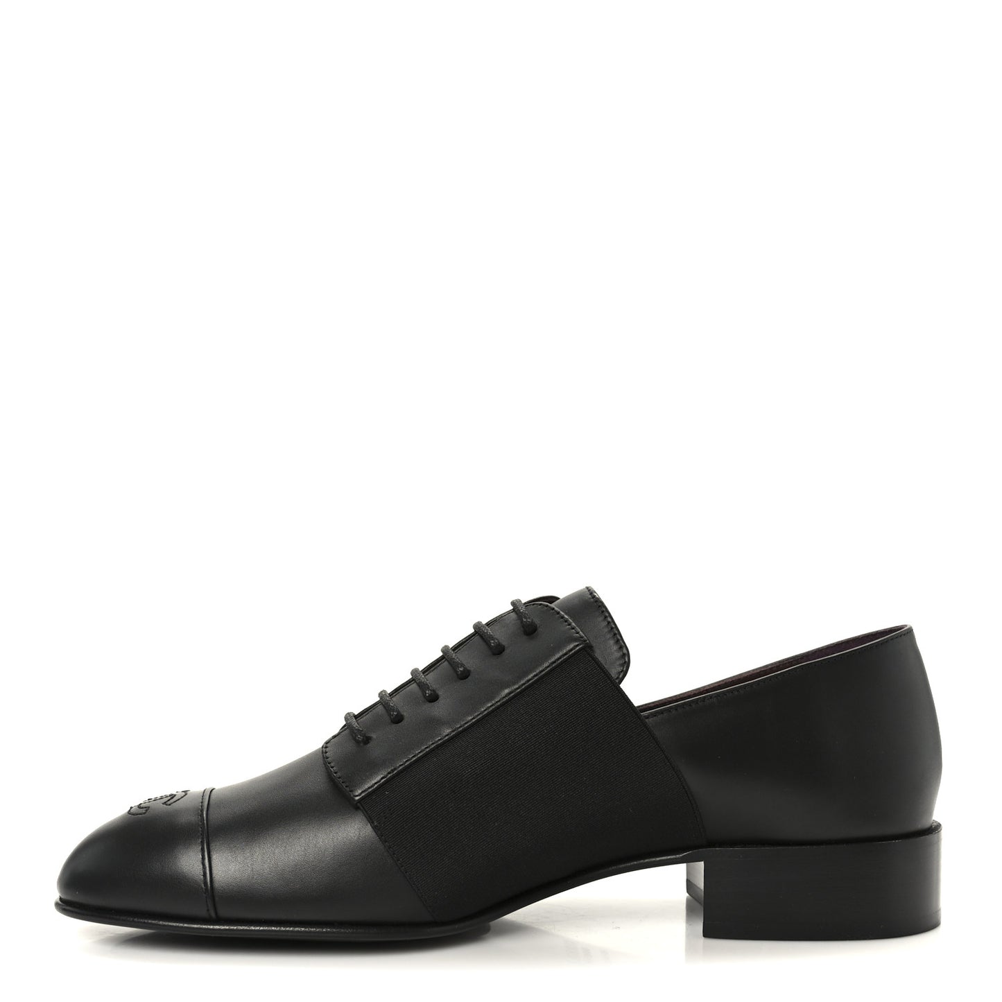 Calfskin Elastic Lace Up Cap Toe CC Loafers 39 Black