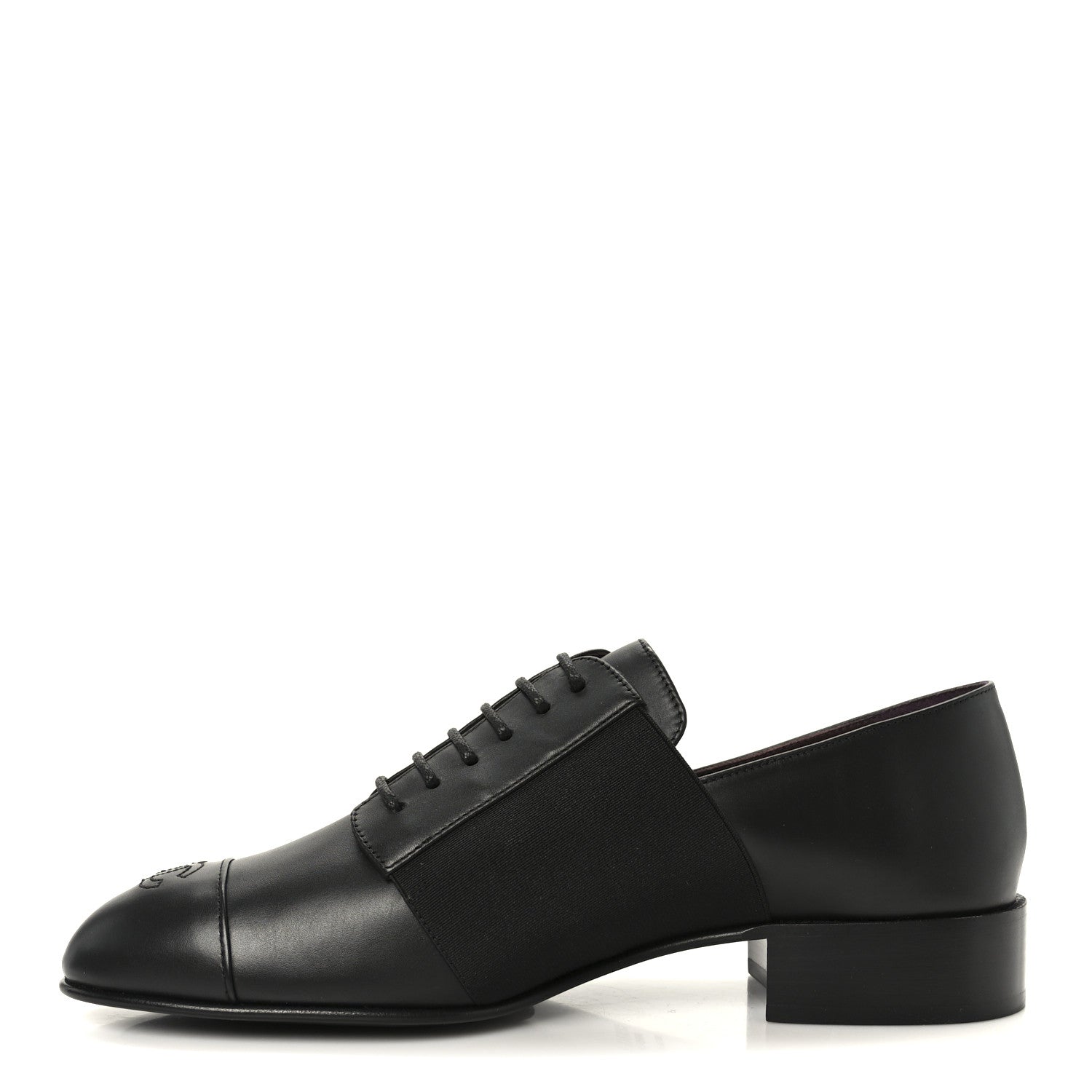 Chanel Calfskin Elastic Lace Up Cap Toe CC Loafers 39 Black 1 of 9
