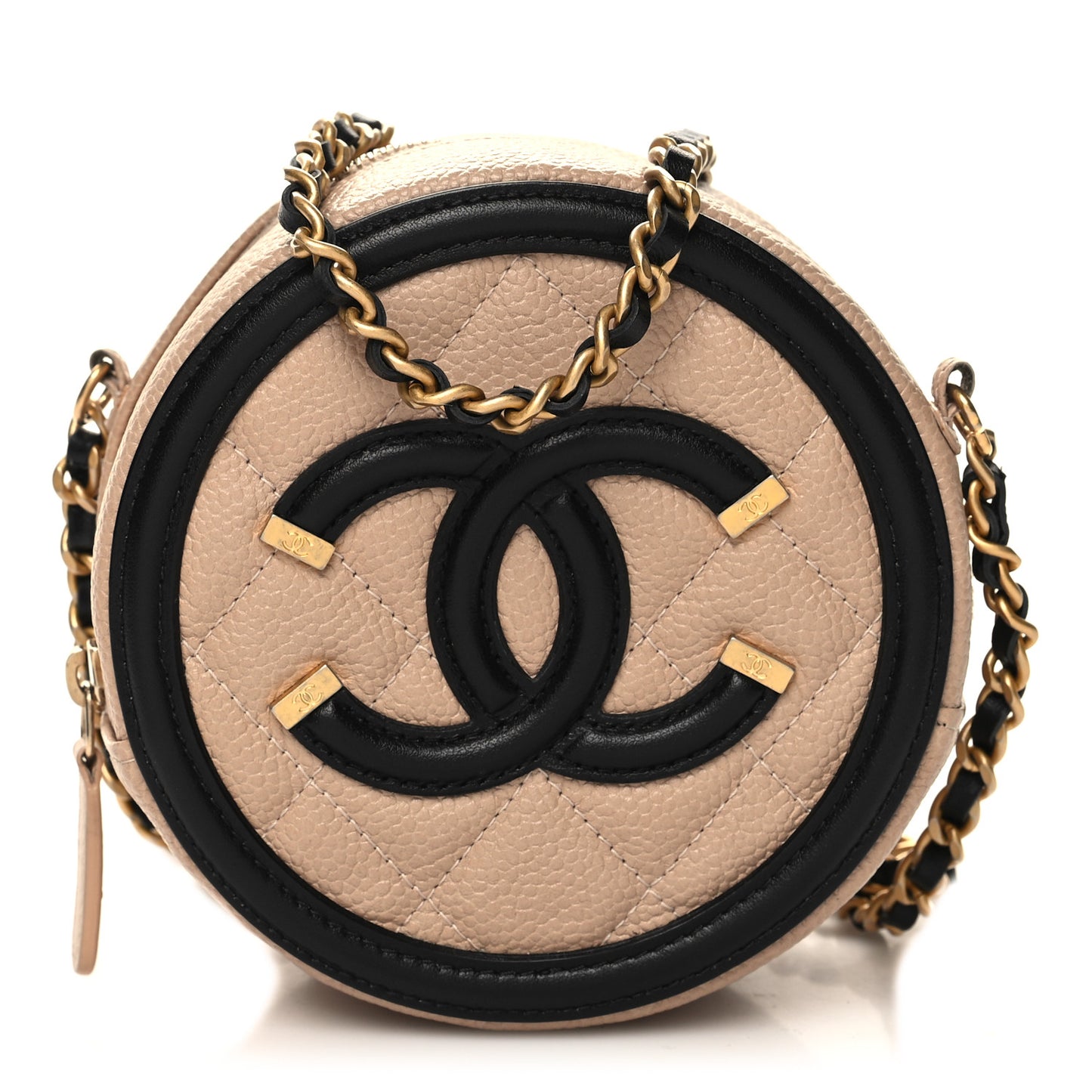 Caviar Quilted Round Filigree Crossbody Beige Black